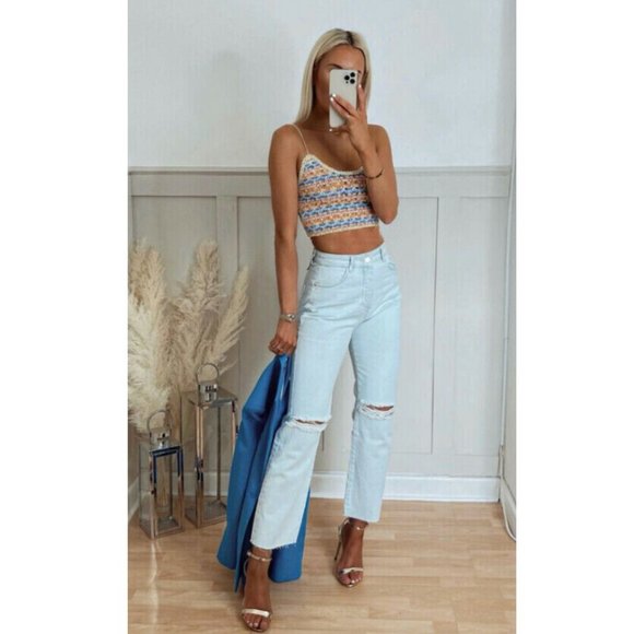 ZARA NEW WOMAN Z1975 RIPPED HIGH WAIST STRAIGHT LEG JEANS 1889/053 Light Blue - Picture 1 of 9
